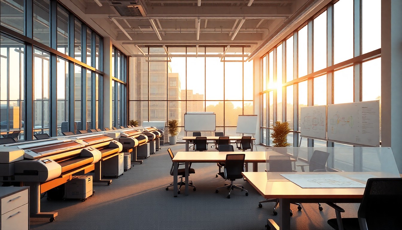 An engineering firm office interior at golden hour