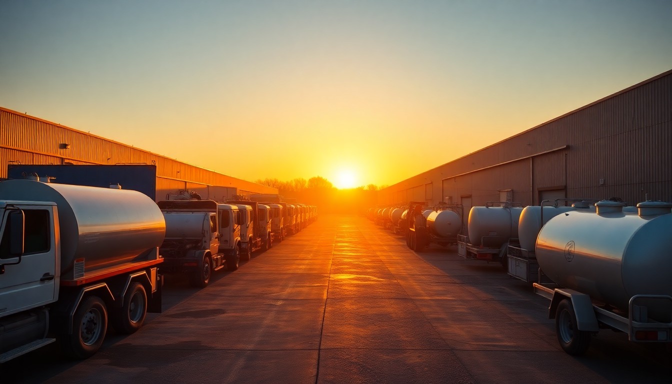 An environmental services equipment yard at golden hour