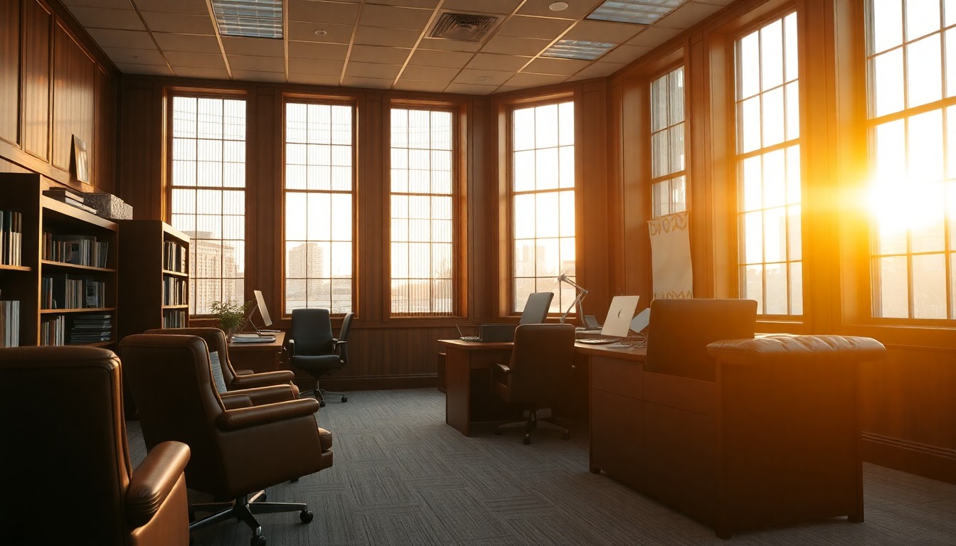An established business office at golden hour
