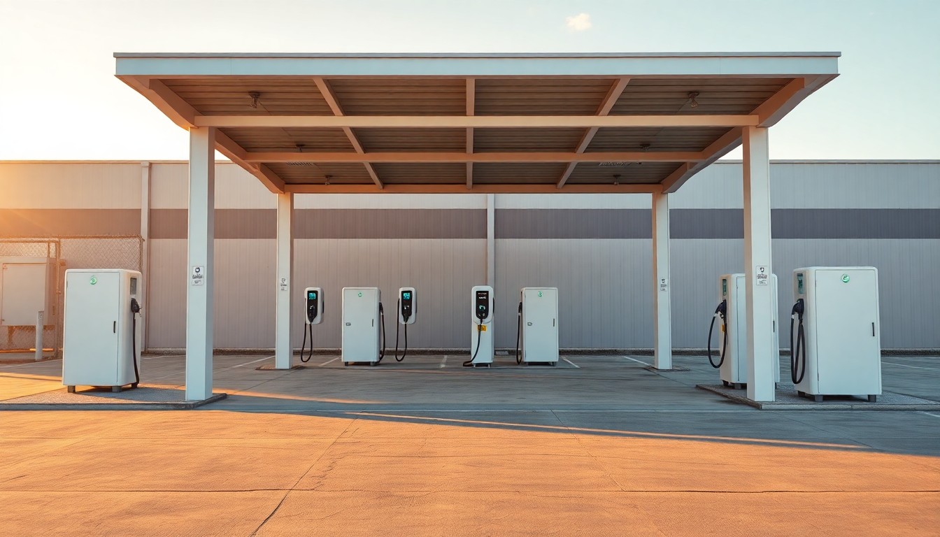 An EV charging hub at golden hour