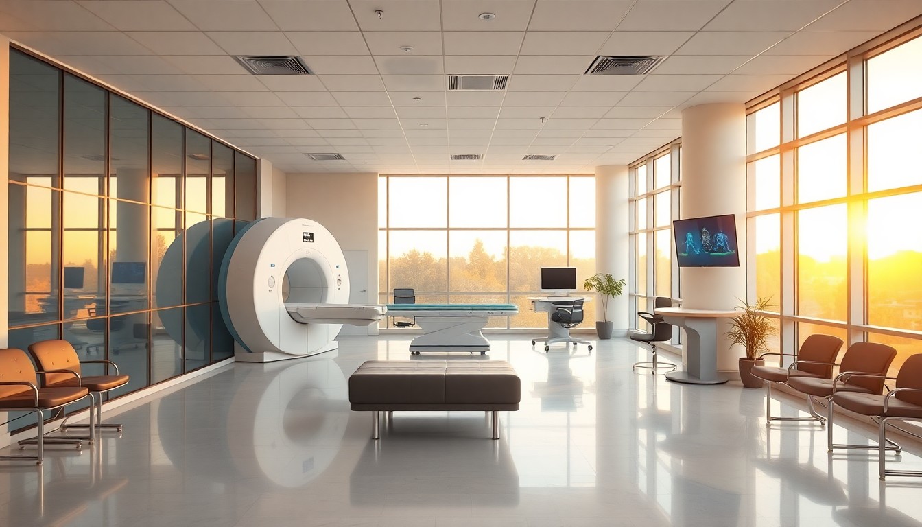 An outpatient imaging center interior at golden hour