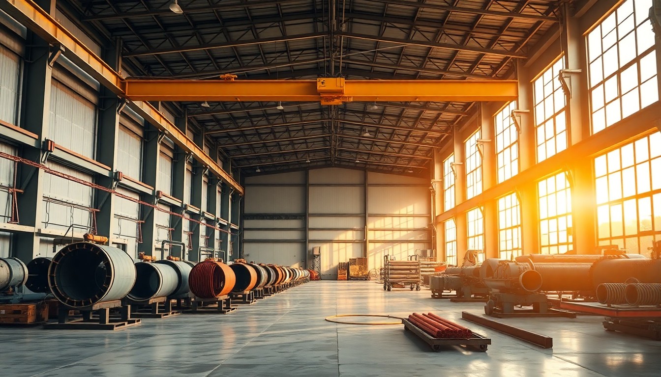 An industrial piping fabrication shop at golden hour