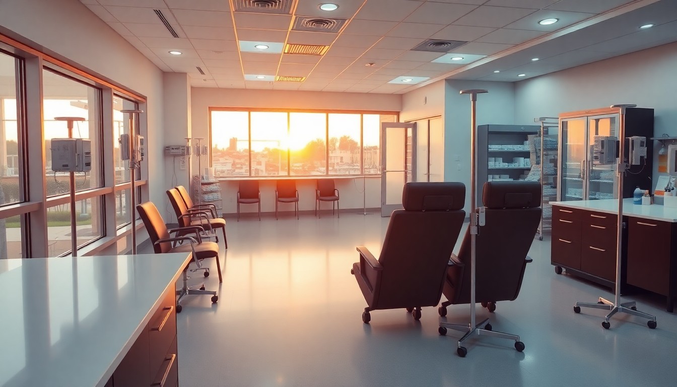 An infusion therapy clinic interior at golden hour