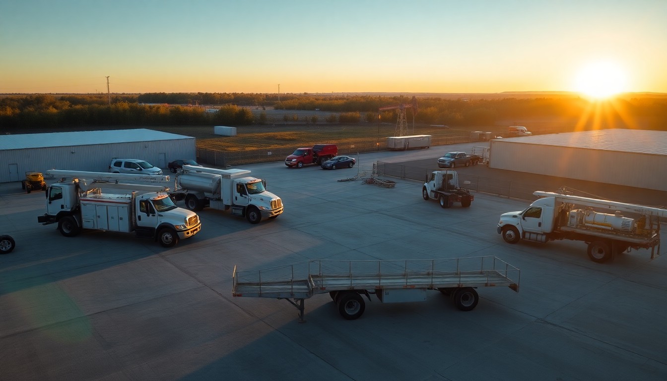 An oilfield services yard at golden hour