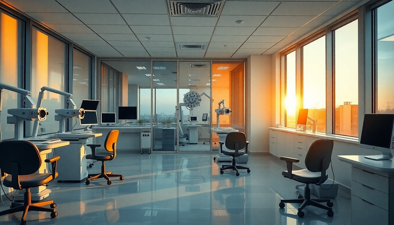 An ophthalmology clinic interior at golden hour