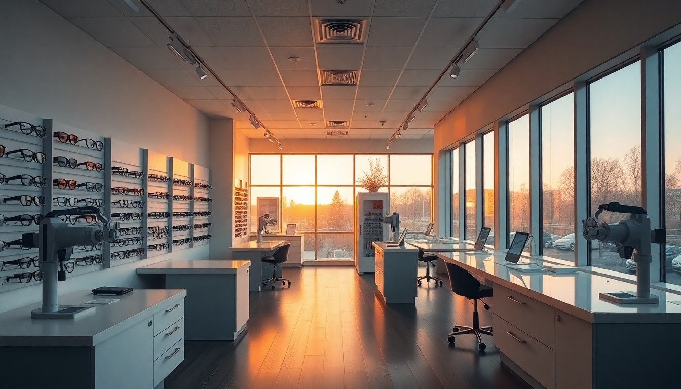 An optometry practice interior at golden hour