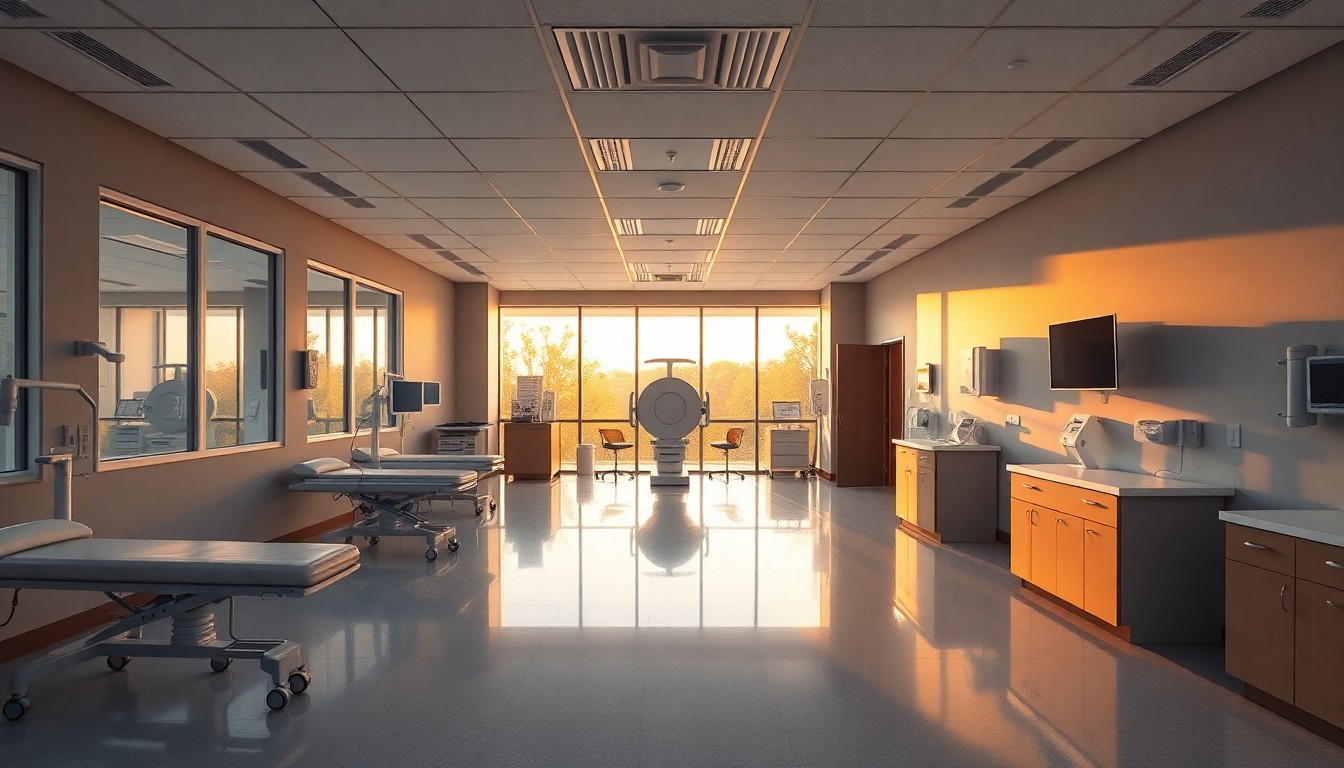 An orthopedic clinic interior at golden hour