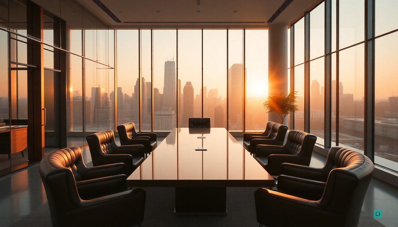 A wealth management firm office at golden hour
