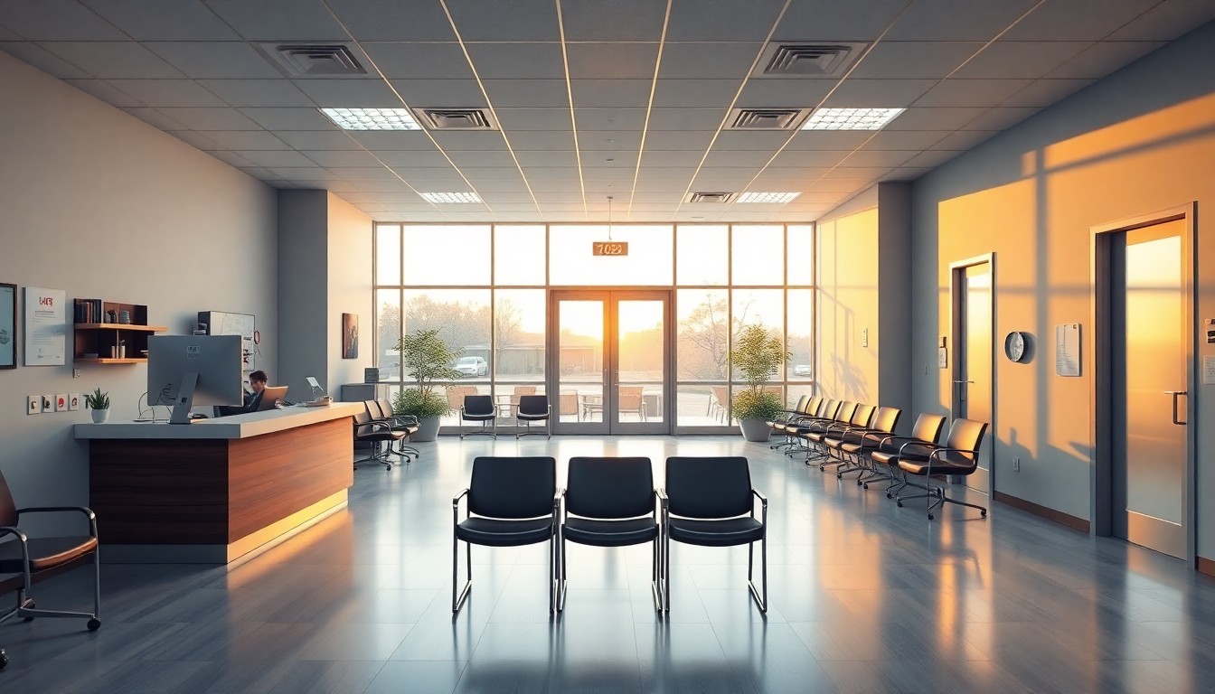 An urgent care clinic interior at golden hour
