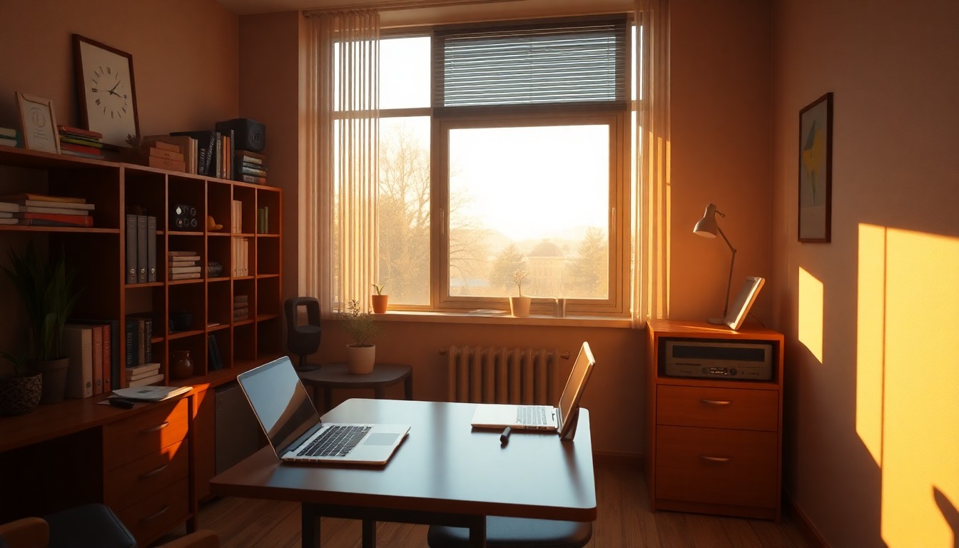 A small-business owner's office at golden hour