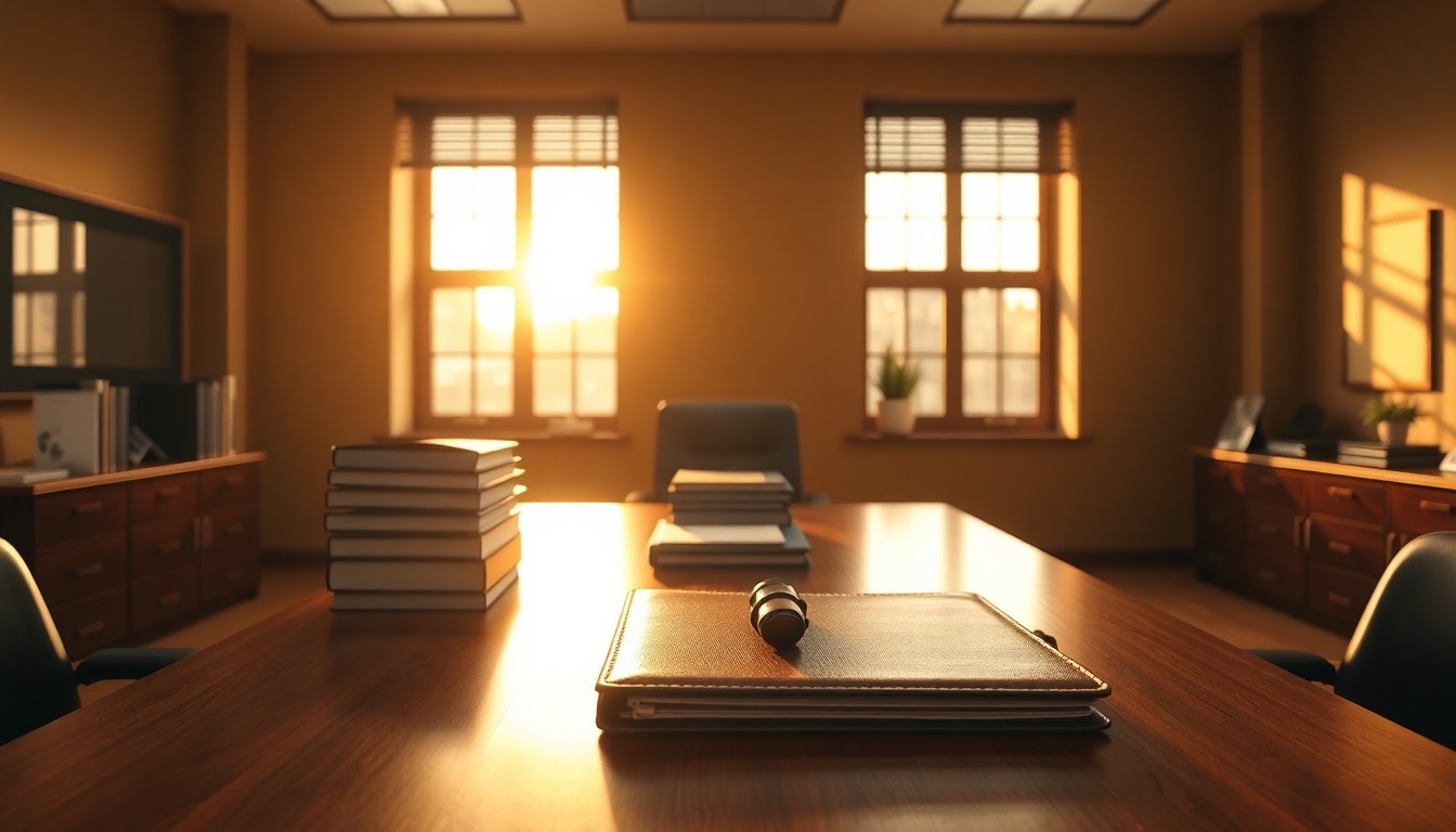 A law office desk with closed folders at golden hour