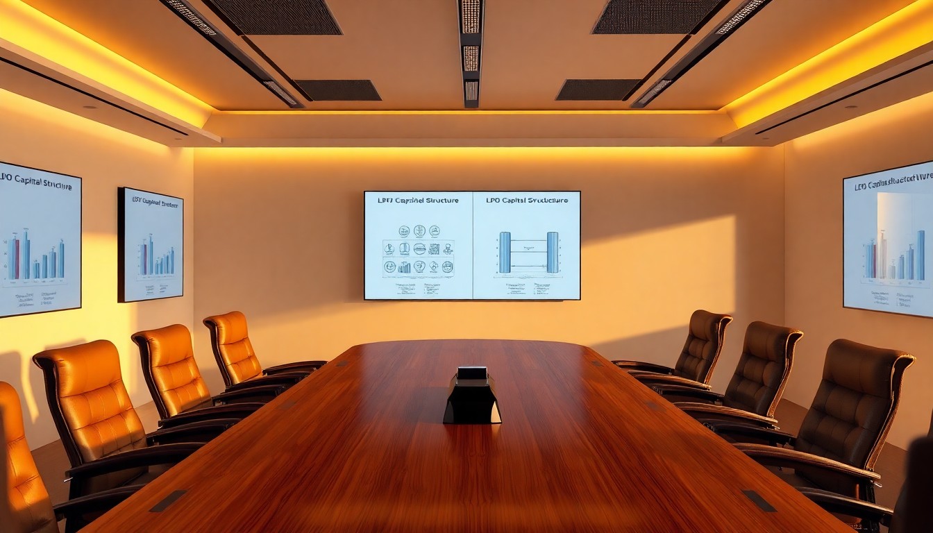 A PE LBO deal room at golden hour