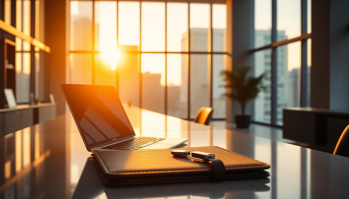 A modern office at golden hour