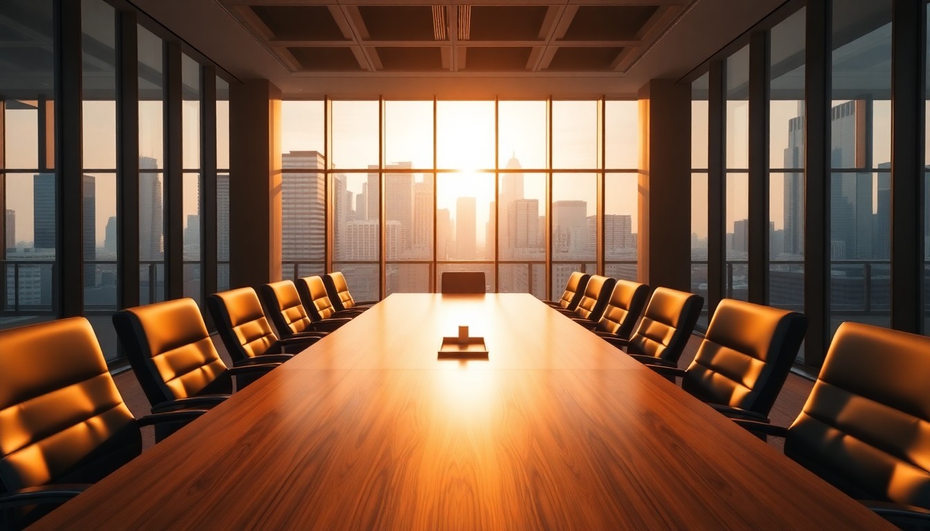 An executive boardroom at golden hour