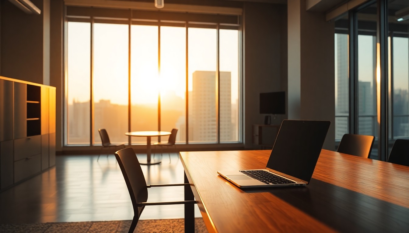 An office with a closed laptop at golden hour