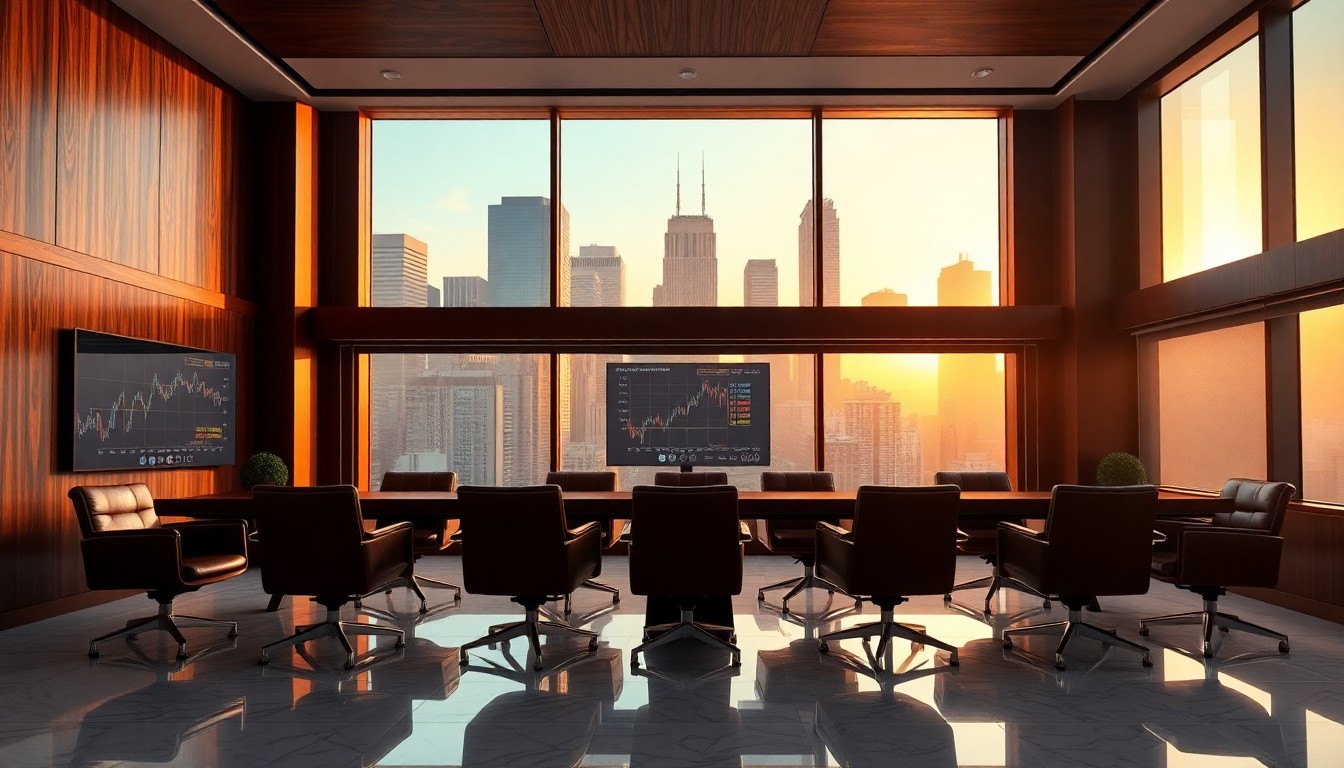 A private equity firm boardroom at golden hour