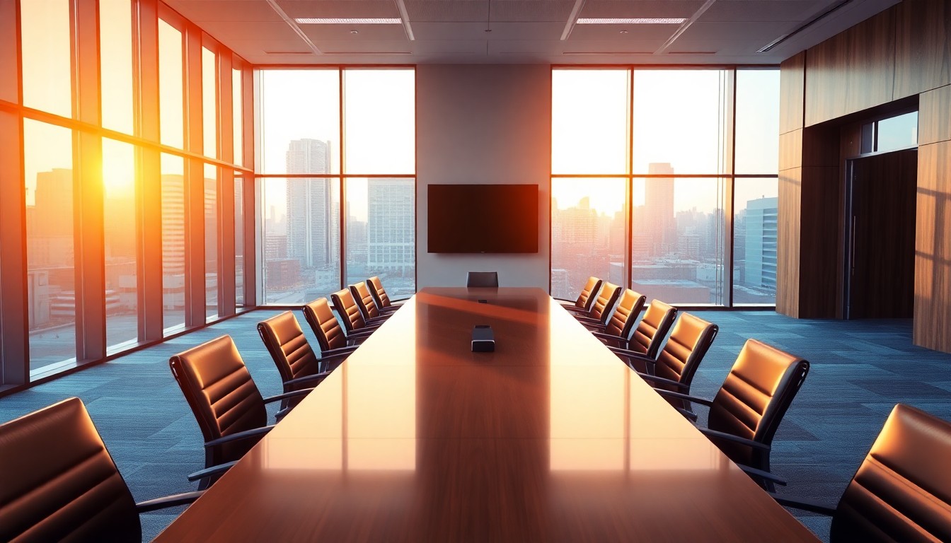 A corporate boardroom at golden hour