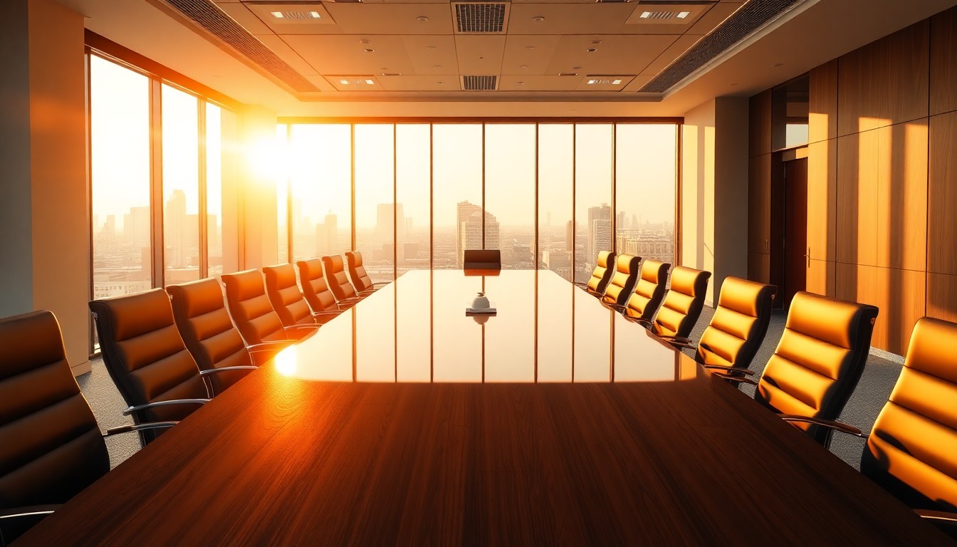 A corporate boardroom at golden hour