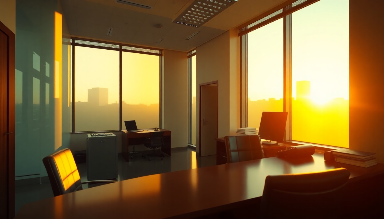 A small-business bank office at golden hour