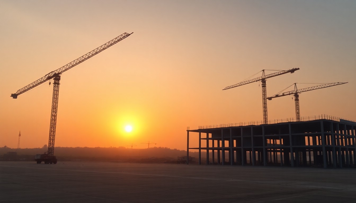 A construction site at golden hour