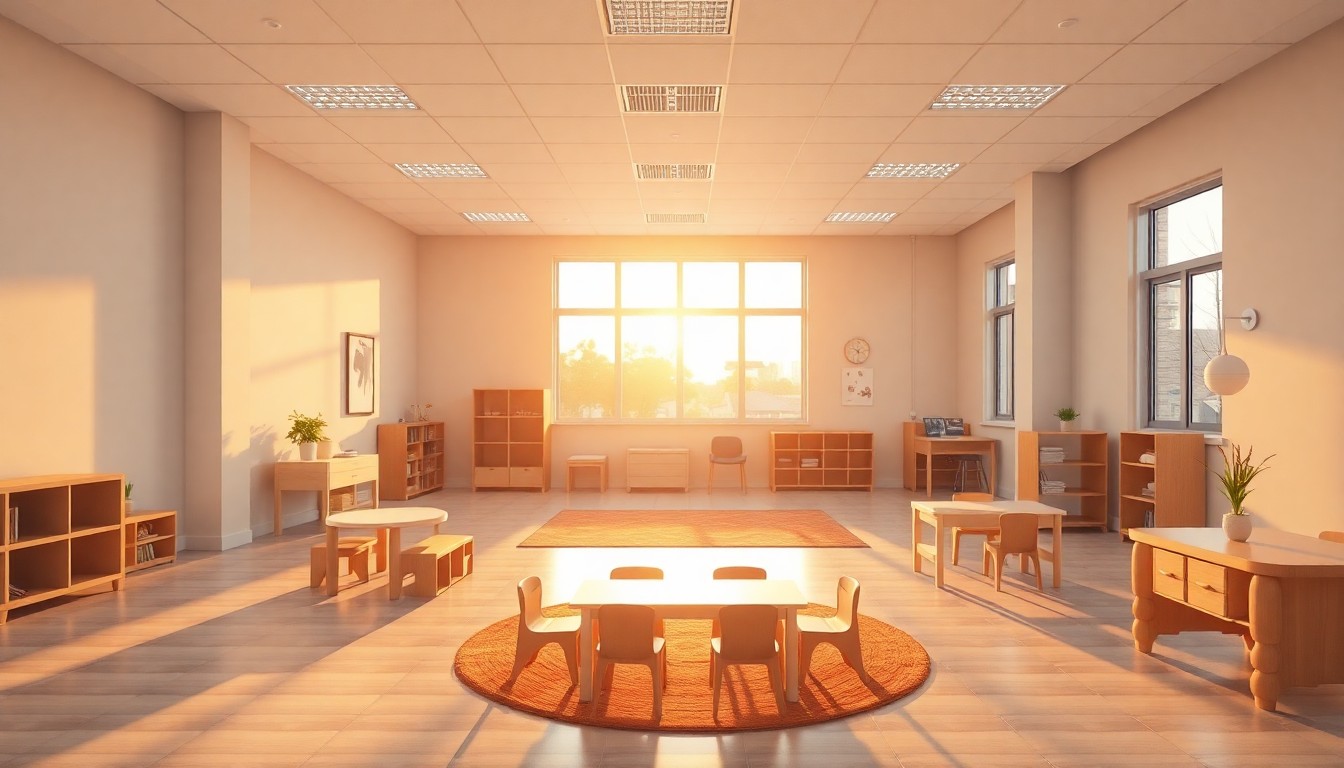 A childcare center interior at golden hour