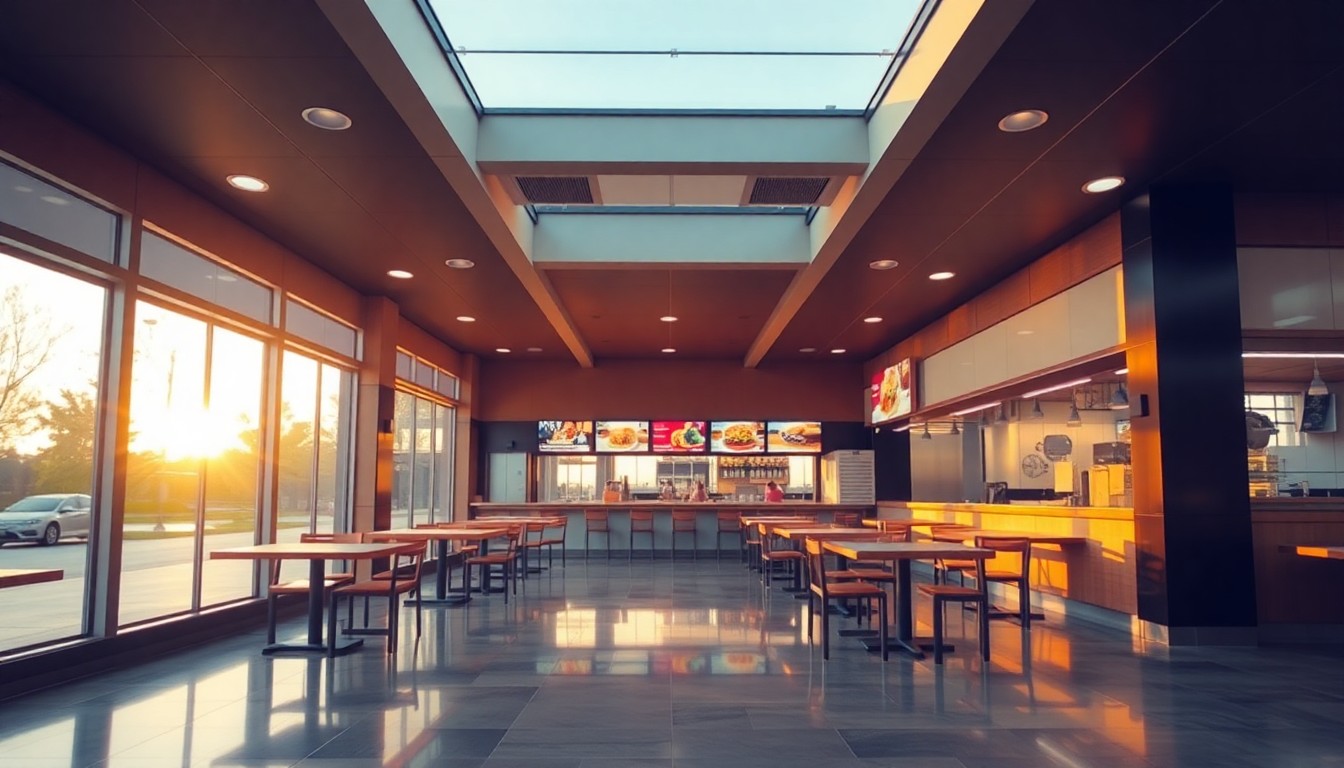 A franchise business interior at golden hour