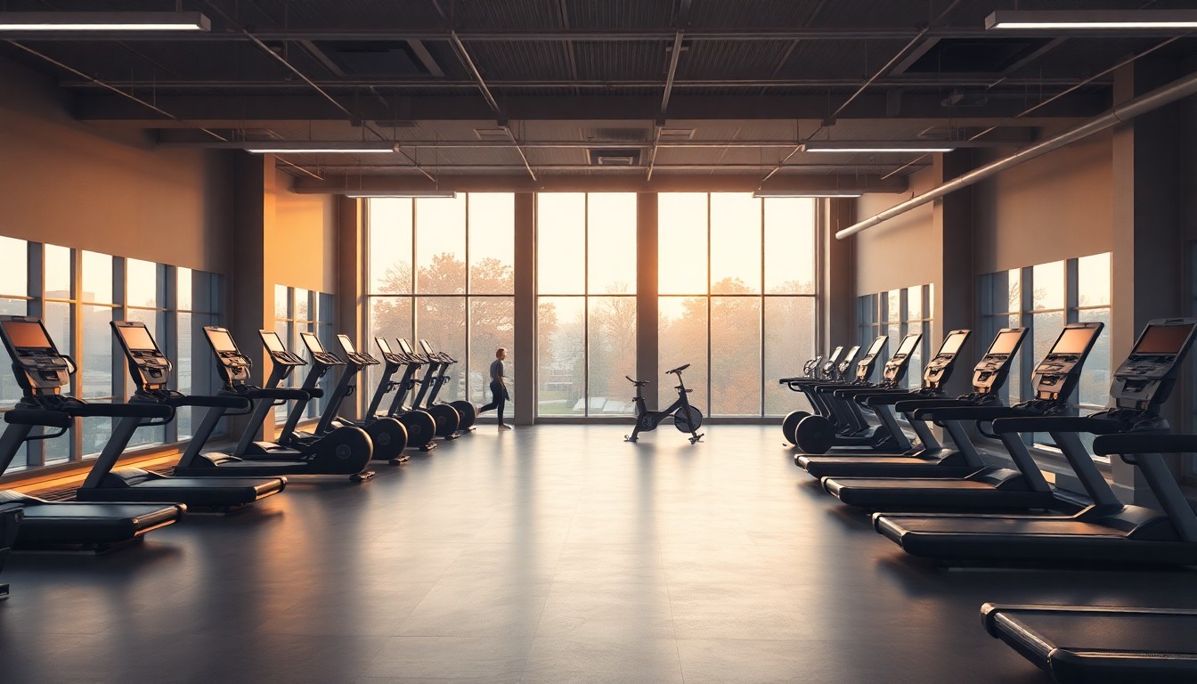 A gym interior at golden hour