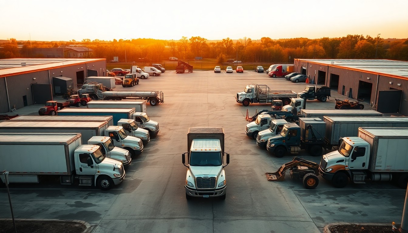 A commercial landscaping equipment yard at golden hour