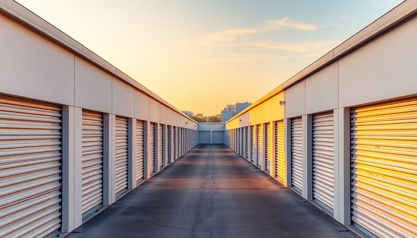 A self-storage facility at golden hour