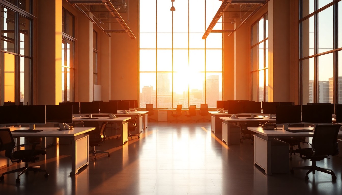 A software company office at golden hour