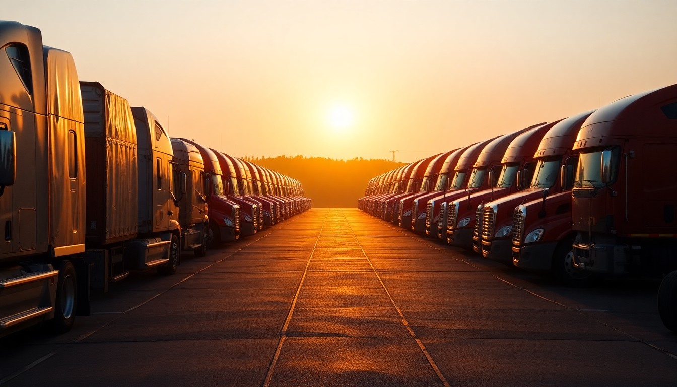 A trucking company yard at golden hour