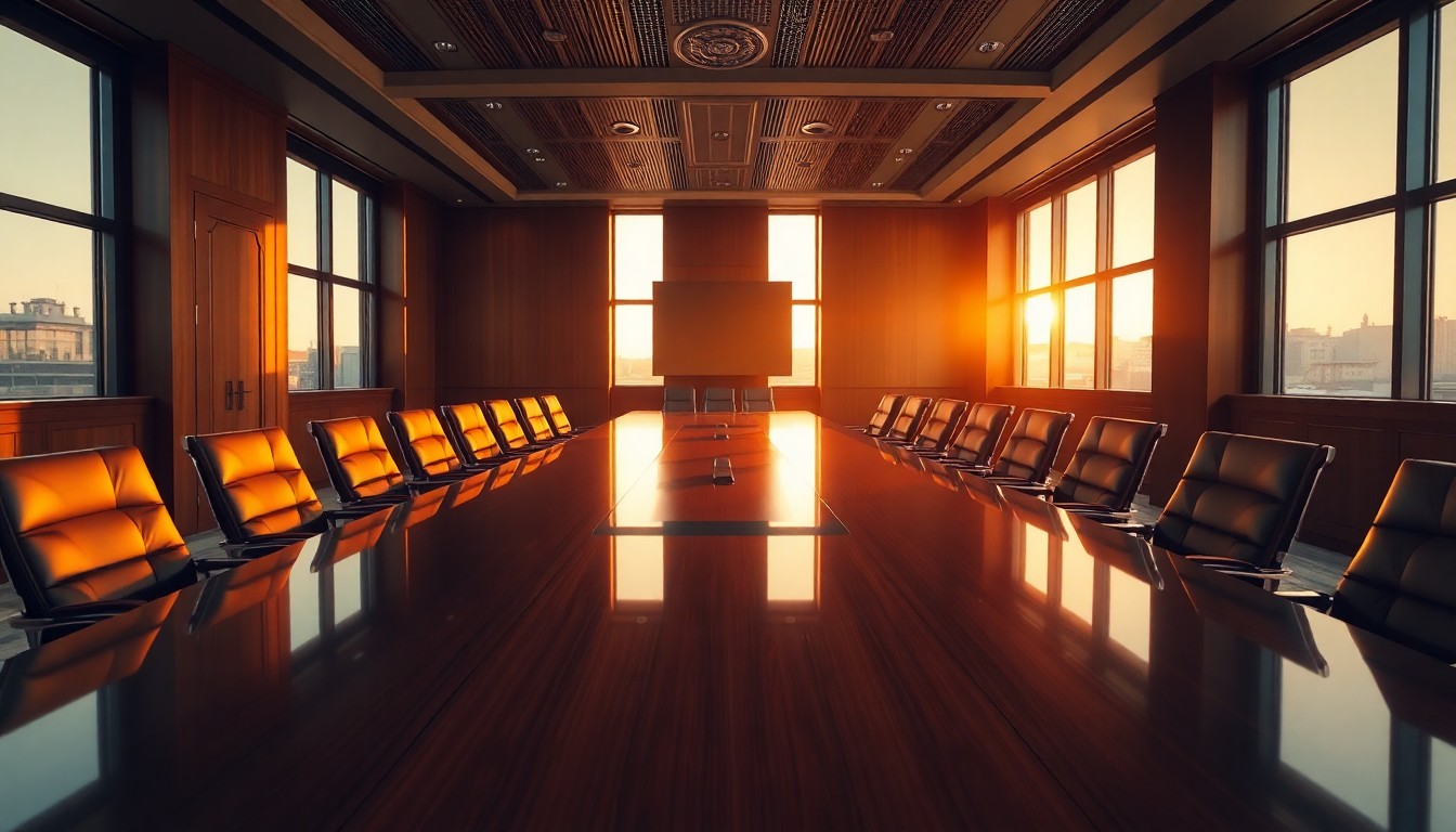 An executive boardroom at golden hour