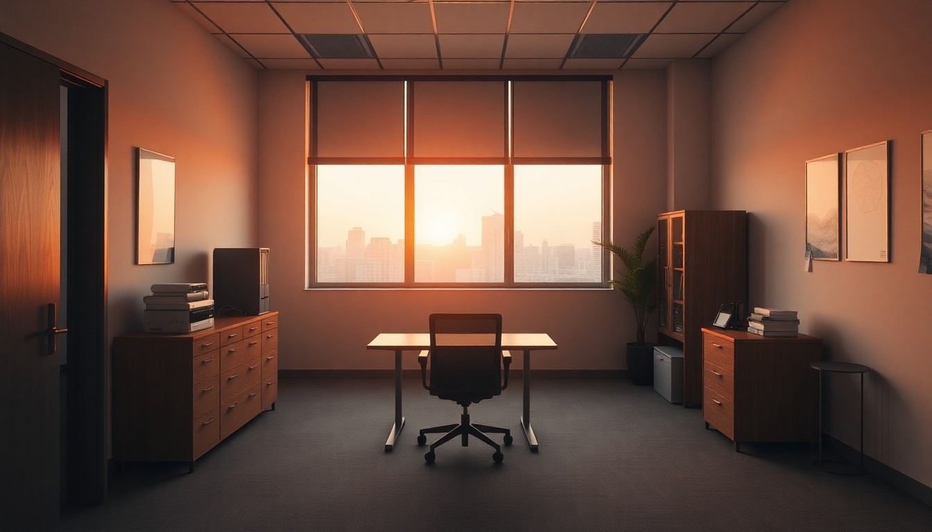 A quiet office at golden hour