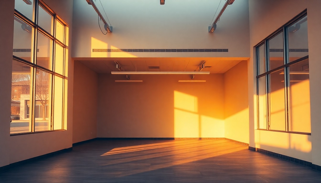 An empty commercial storefront at golden hour
