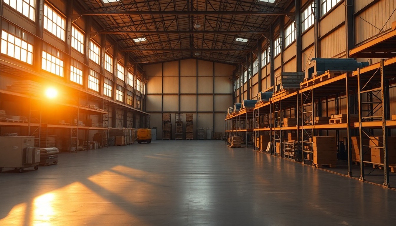 An industrial warehouse with equipment at golden hour