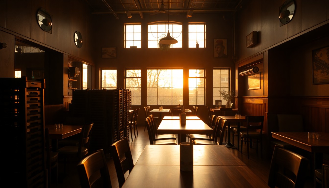 An empty restaurant at golden hour representing a restaurant business in transition