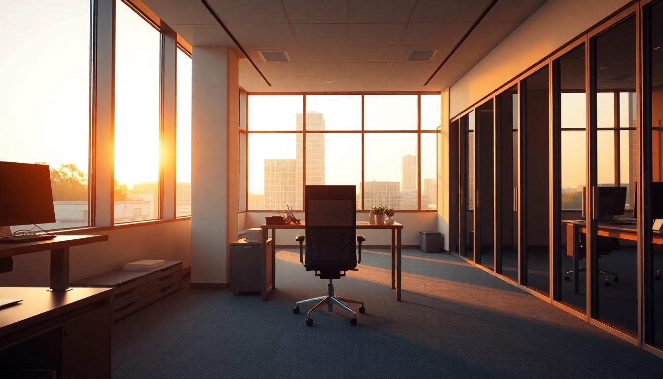 A modern office at golden hour