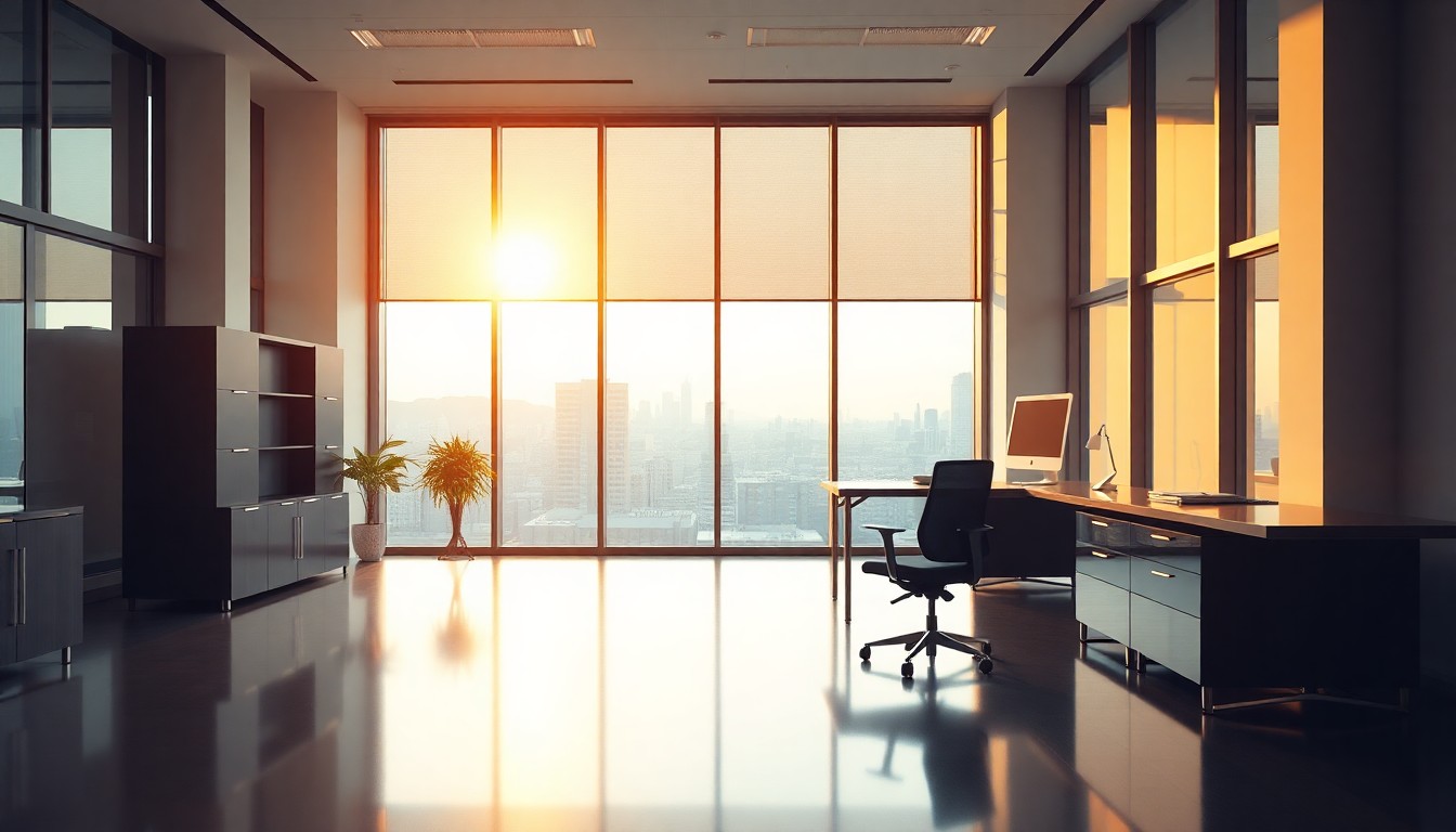 A modern office at golden hour