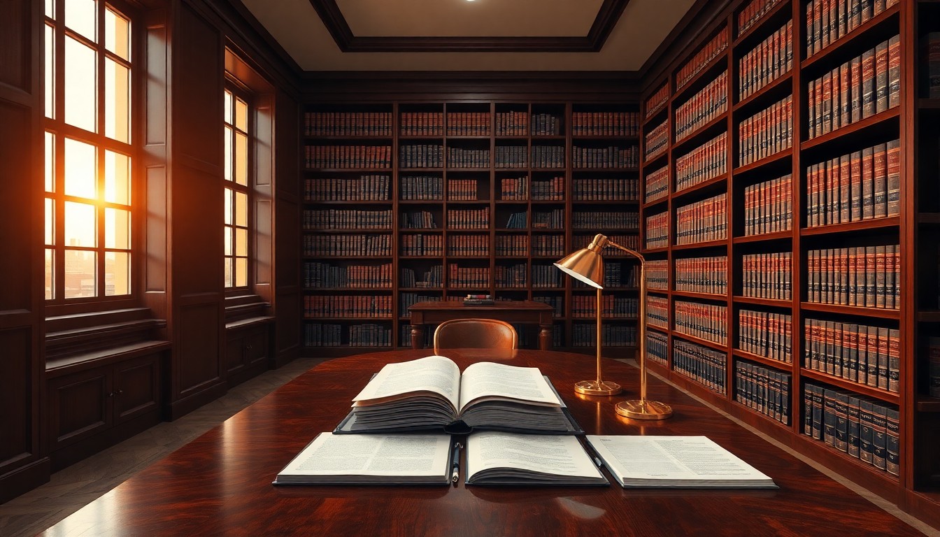 A law office library at golden hour