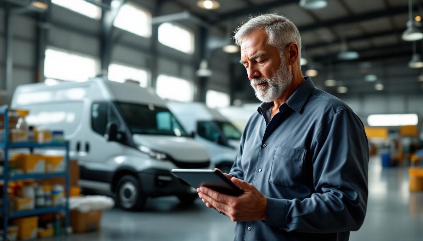 Commercial cleaning business owner reviewing route schedule on tablet inside warehouse with cleaning supplies and brande