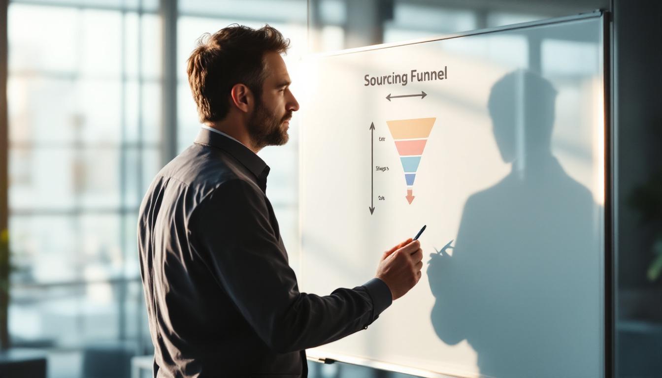 Private equity partner reviewing a sourcing pipeline whiteboard with multiple stages and conversion rates in a glass con