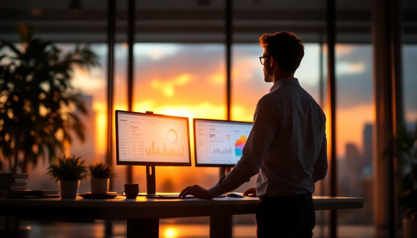 Private equity associate at standing desk reviewing deal pipeline on dual monitors with named software dashboards in ear