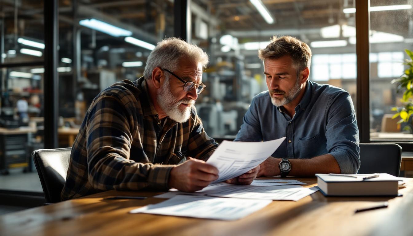 Small business owner reviewing financial statements with CPA at conference table with industrial backdrop in late aftern