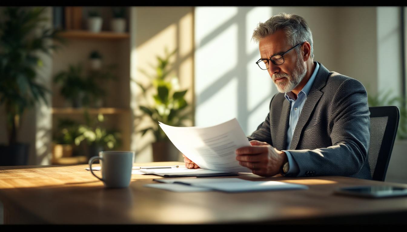 Founder reviewing a stack of legal documents at a sunlit desk with a coffee, photorealistic editorial setting