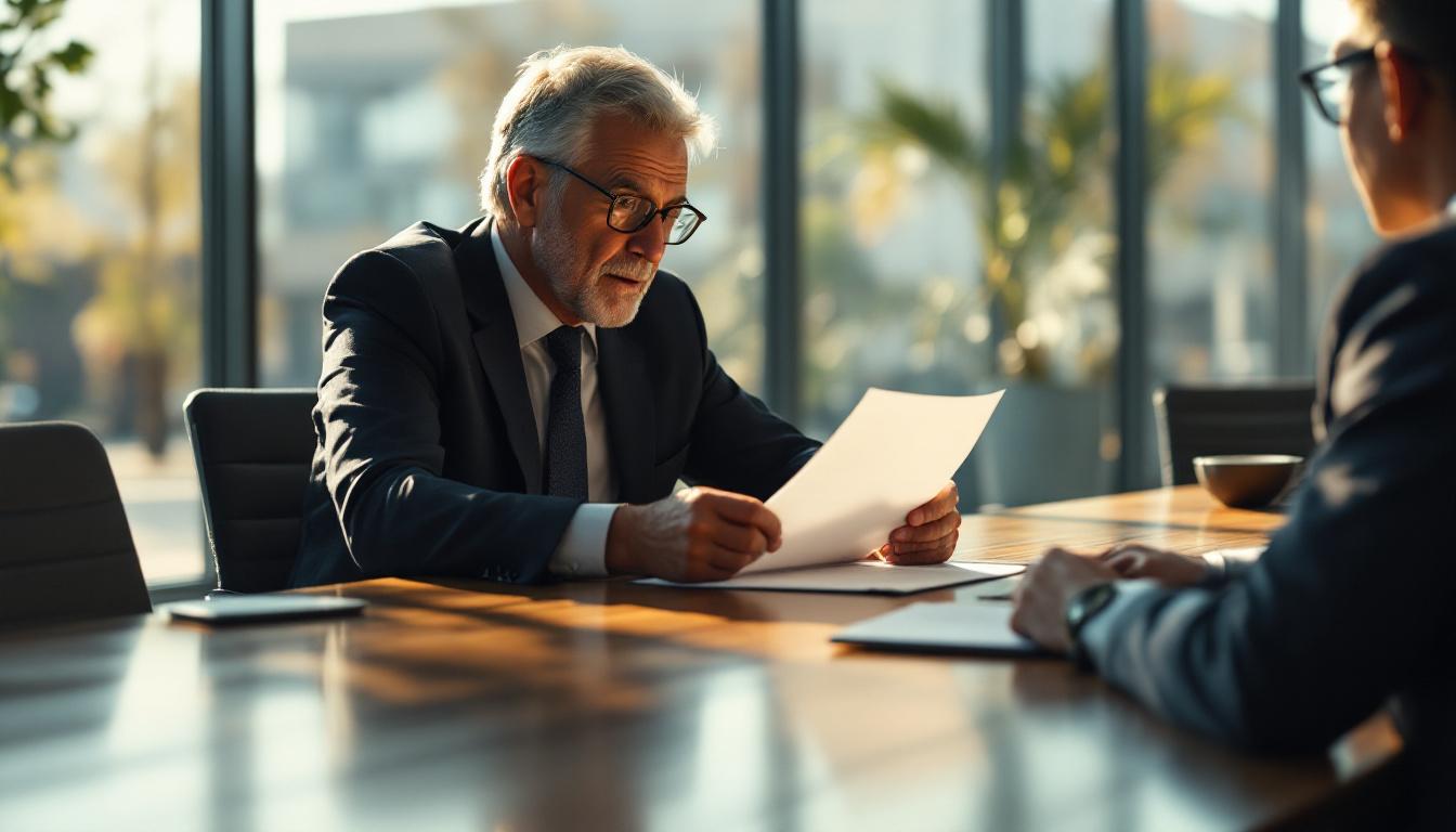 M&A attorney reviewing purchase agreement indemnification provisions with business owner across conference table in late