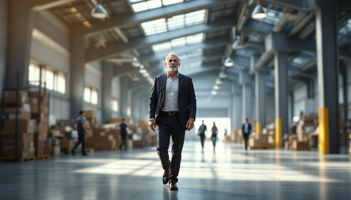 Founder walking through a sunlit warehouse looking at his business operations, photorealistic editorial scene