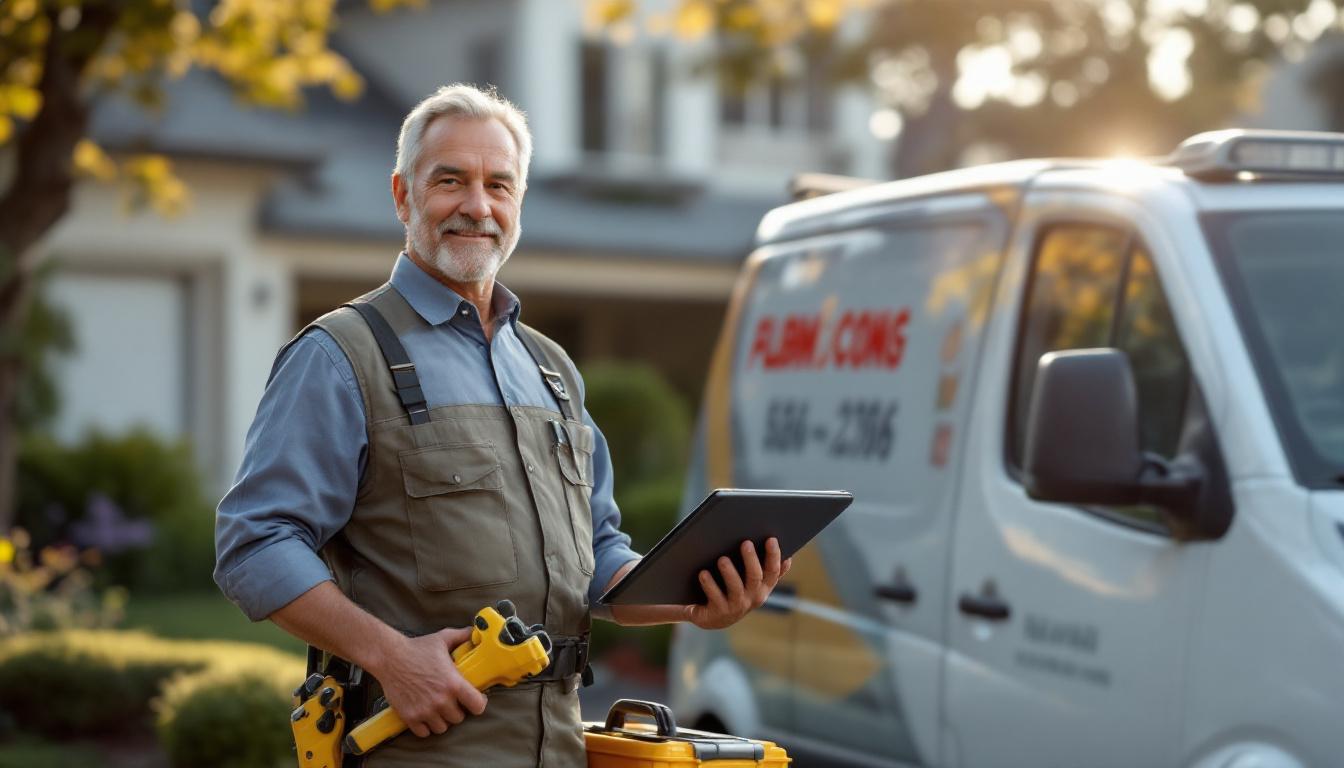 Plumbing business owner standing next to branded service van with toolbox and tablet, suburban driveway in background