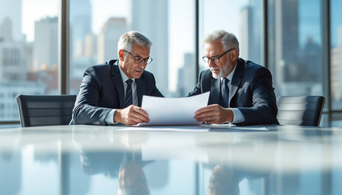 CEO and CFO reviewing a thick legal document together at a sunlit conference table, photorealistic editorial scene