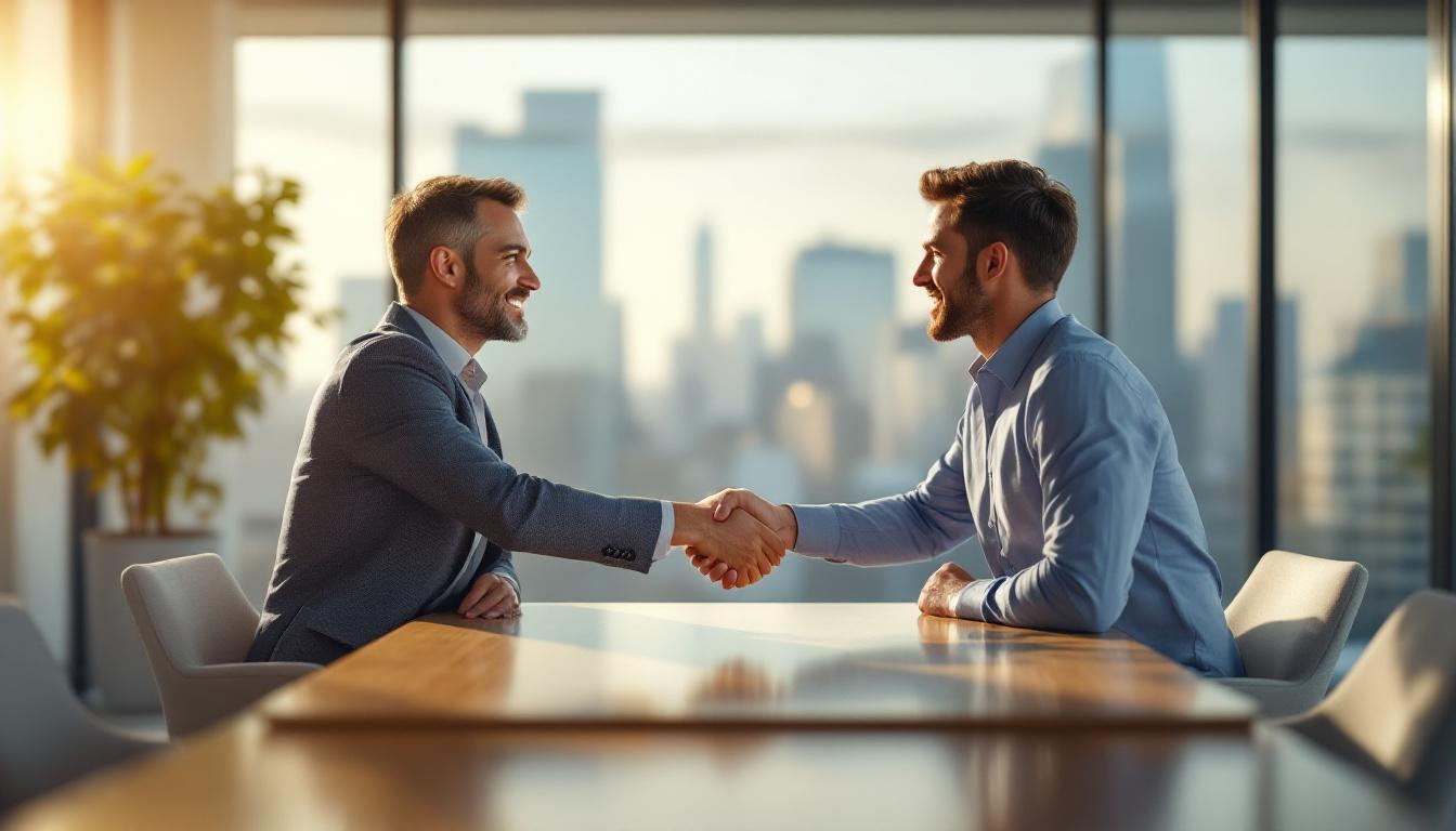 Founder shaking hands with a private equity partner inside a clean modern office, daylight from large windows, photoreal