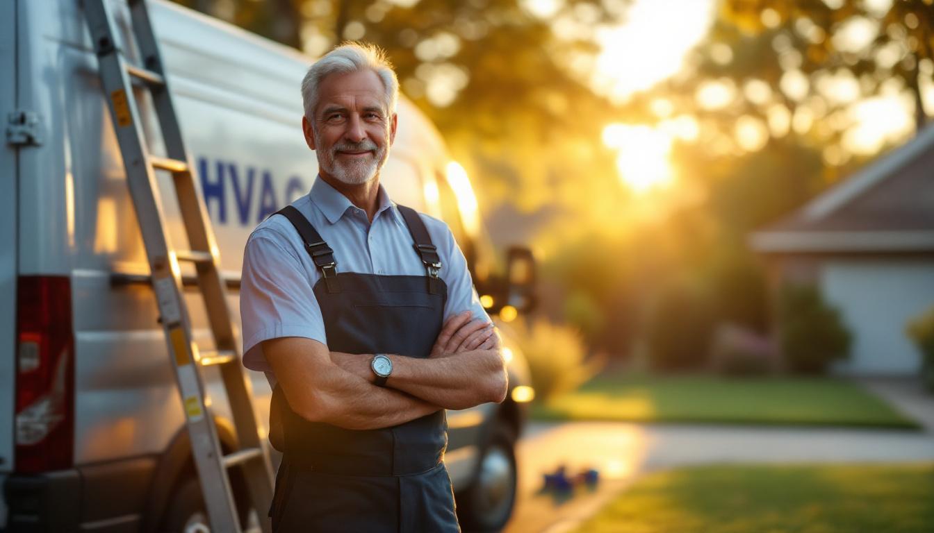 HVAC technician owner standing next to branded service van in residential driveway during early morning, professional an